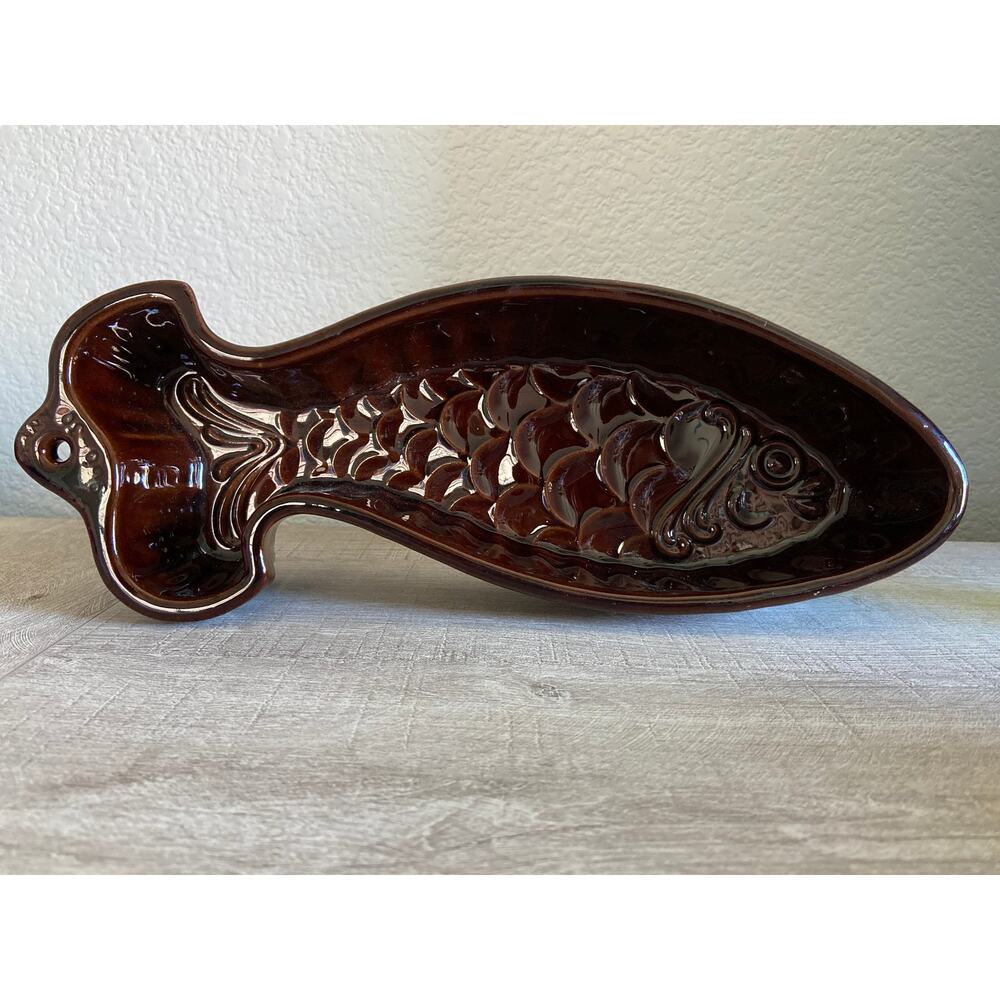 Vintage Redware Pottery West Germany Ceramic Brown Glaze Fish Mold Form